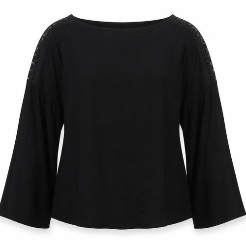 Massimo Dutti Women Black L Lace Shoulder Bell Sleeve Blouse