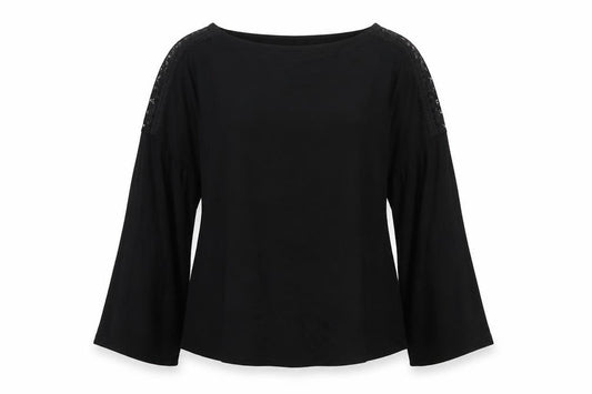 Massimo Dutti Women Black L Lace Shoulder Bell Sleeve Blouse