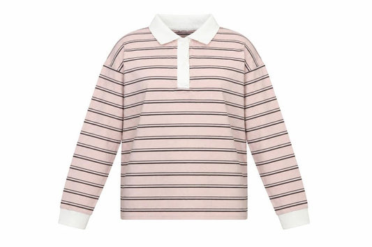 Monki Women Pink Striped Cotton Long Sleeve Polo Top Size M