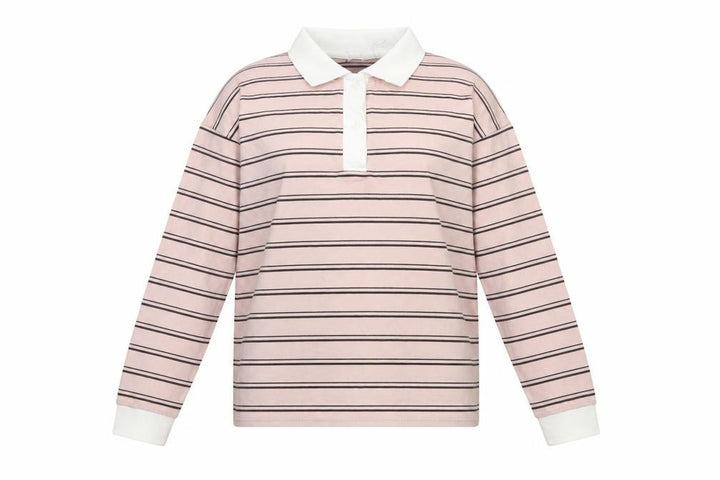 Monki Women Pink Striped Cotton Long Sleeve Polo Top Size M
