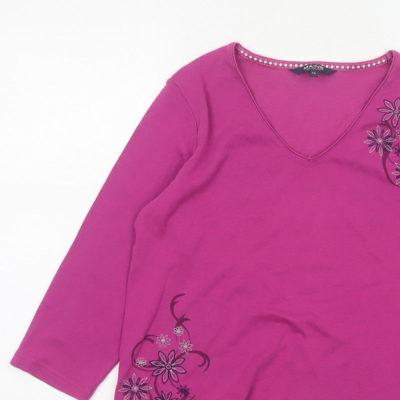Maine New England Women’s Pink Size 14 Floral V-Neck 3/4 Sleeve Top