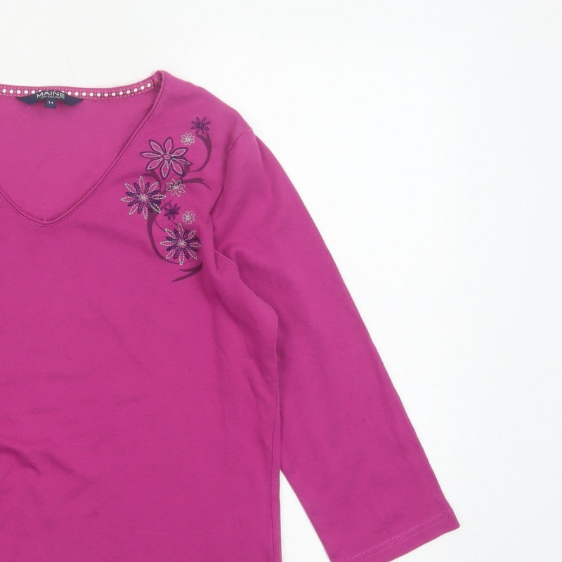 Maine New England Women’s Pink Size 14 Floral V-Neck 3/4 Sleeve Top