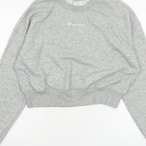 Champion Women Grey Logo Cropped Pullover Sweatshirt Size L