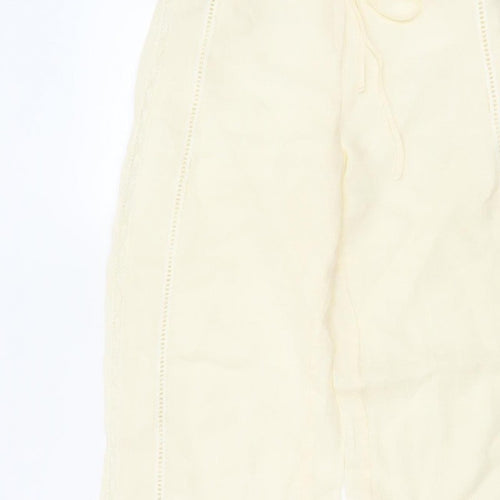 Zara Women Ivory S Linen Wide-Leg Drawstring Embroidered Trousers