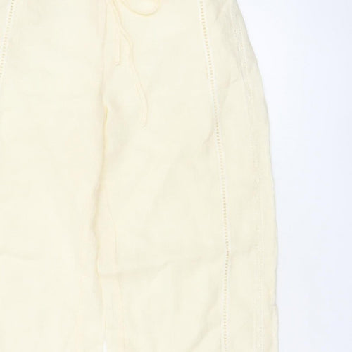 Zara Women Ivory S Linen Wide-Leg Drawstring Embroidered Trousers