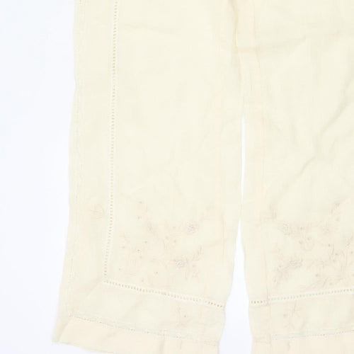 Zara Women Ivory S Linen Wide-Leg Drawstring Embroidered Trousers
