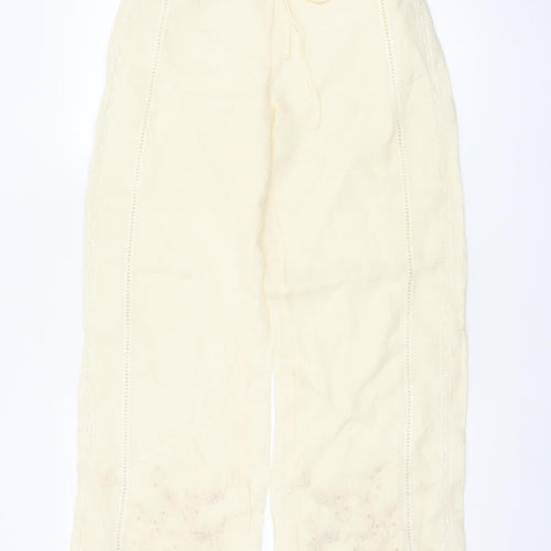 Zara Women Ivory S Linen Wide-Leg Drawstring Embroidered Trousers