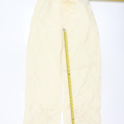 Zara Women Ivory S Linen Wide-Leg Drawstring Embroidered Trousers