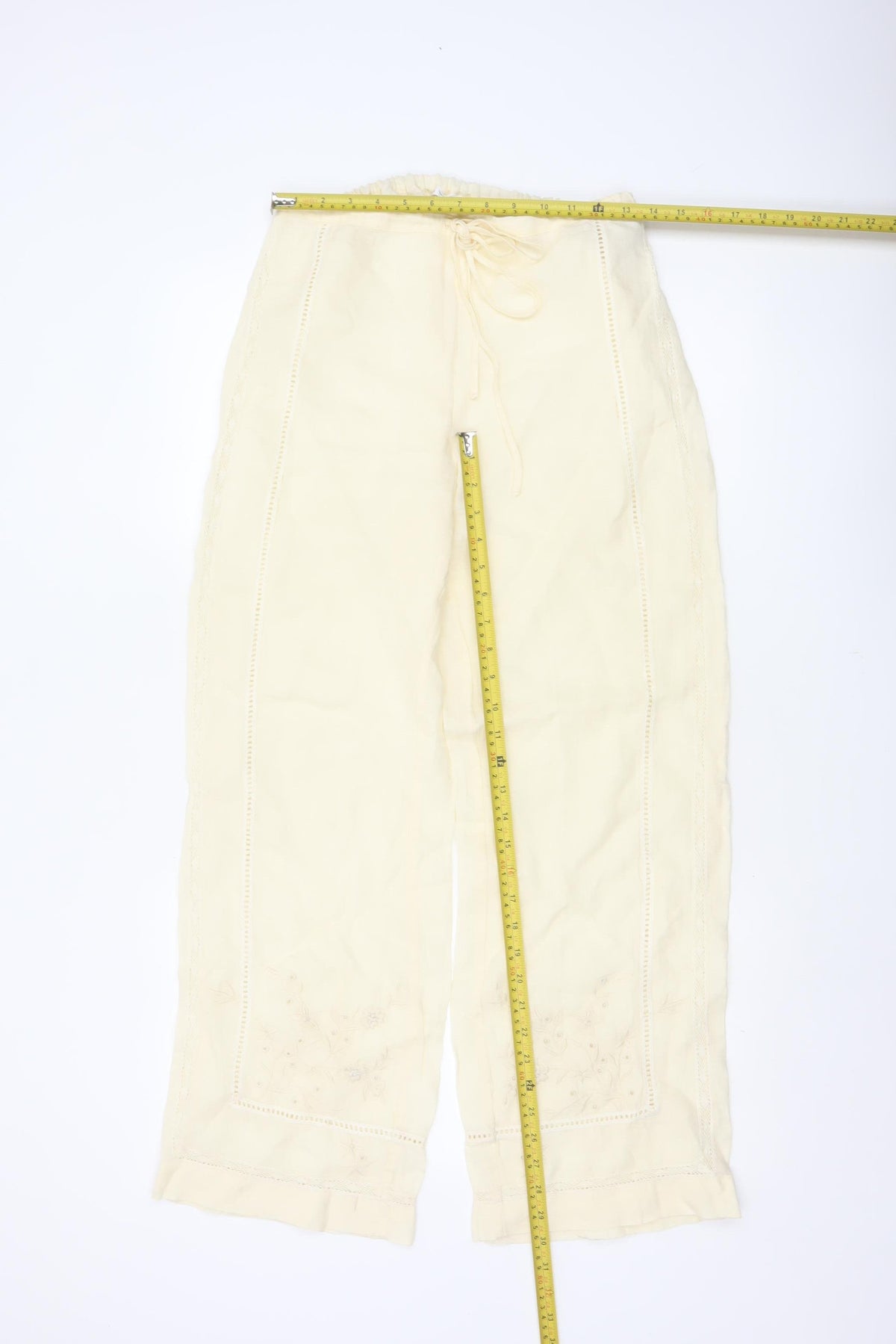 Zara Women Ivory S Linen Wide-Leg Drawstring Embroidered Trousers