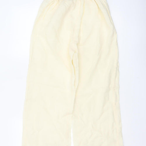 Zara Women Ivory S Linen Wide-Leg Drawstring Embroidered Trousers