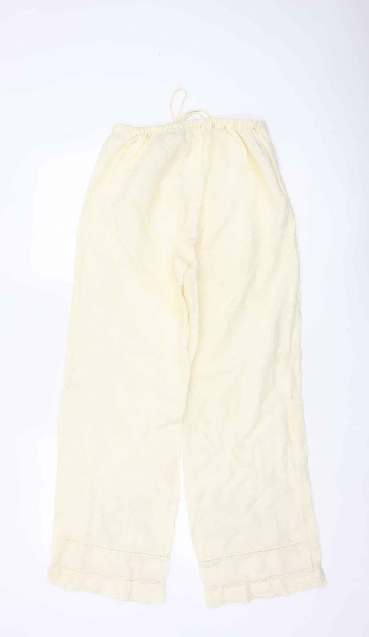Zara Women Ivory S Linen Wide-Leg Drawstring Embroidered Trousers