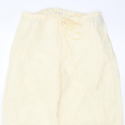 Zara Women Ivory S Linen Wide-Leg Drawstring Embroidered Trousers
