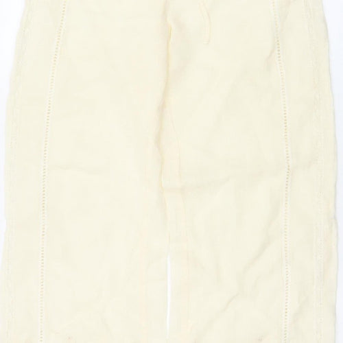Zara Women Ivory S Linen Wide-Leg Drawstring Embroidered Trousers