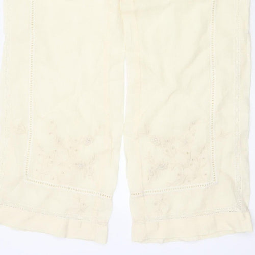 Zara Women Ivory S Linen Wide-Leg Drawstring Embroidered Trousers