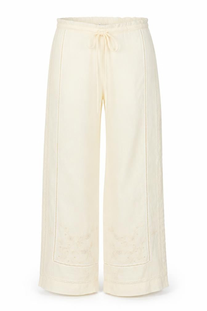Zara Women Ivory S Linen Wide-Leg Drawstring Embroidered Trousers