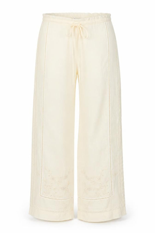 Zara Women Ivory S Linen Wide-Leg Drawstring Embroidered Trousers