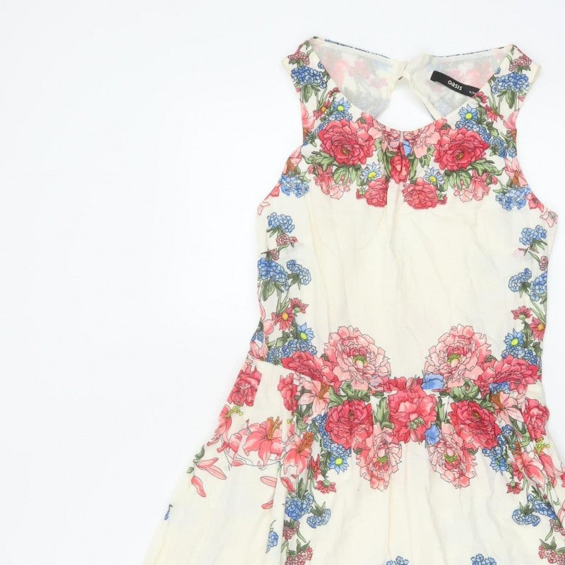 Oasis Women Ivory Floral Cotton Fit & Flare Knee Length Dress UK 8