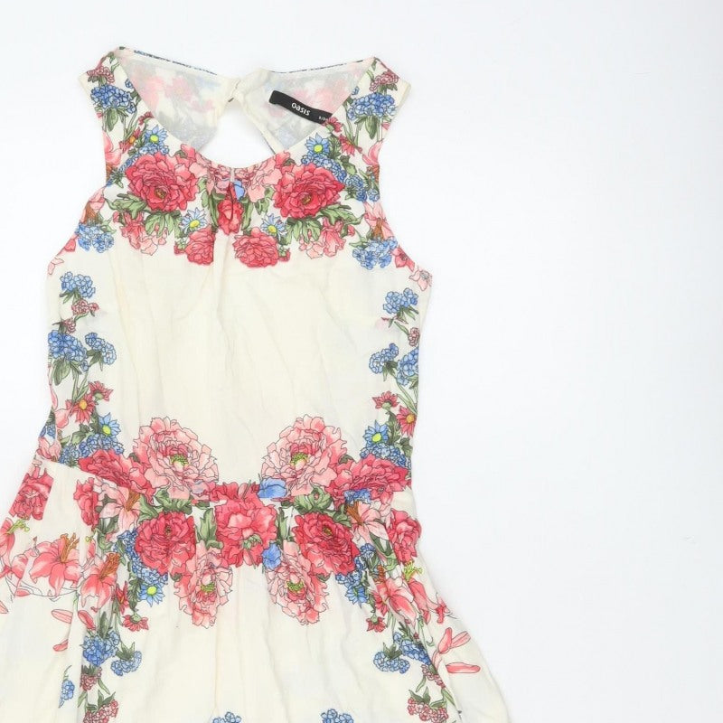 Oasis Women Ivory Floral Cotton Fit & Flare Knee Length Dress UK 8