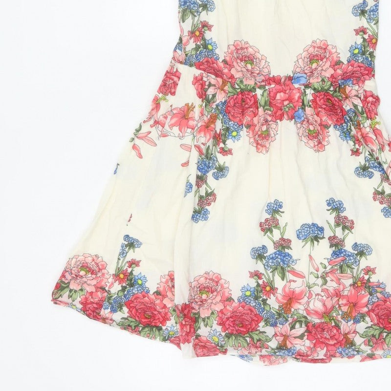 Oasis Women Ivory Floral Cotton Fit & Flare Knee Length Dress UK 8