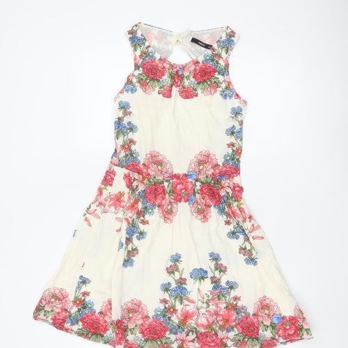 Oasis Women Ivory Floral Cotton Fit & Flare Knee Length Dress UK 8