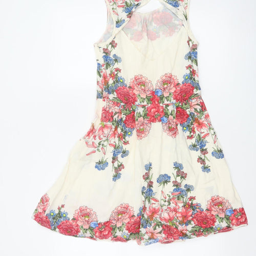 Oasis Women Ivory Floral Cotton Fit & Flare Knee Length Dress UK 8