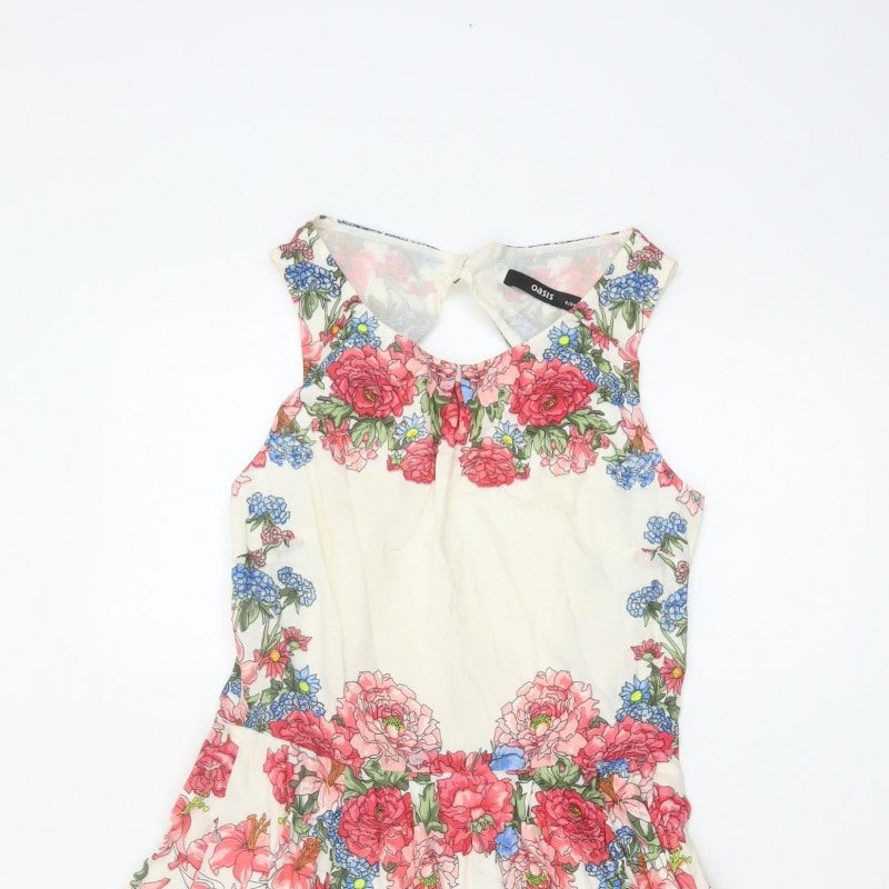 Oasis Women Ivory Floral Cotton Fit & Flare Knee Length Dress UK 8