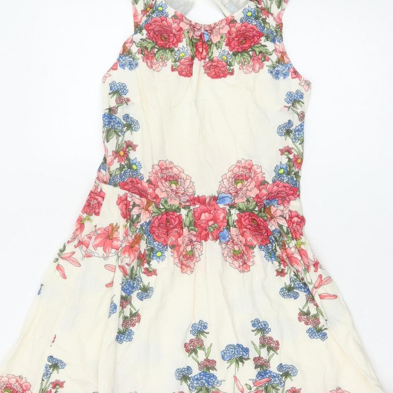 Oasis Women Ivory Floral Cotton Fit & Flare Knee Length Dress UK 8