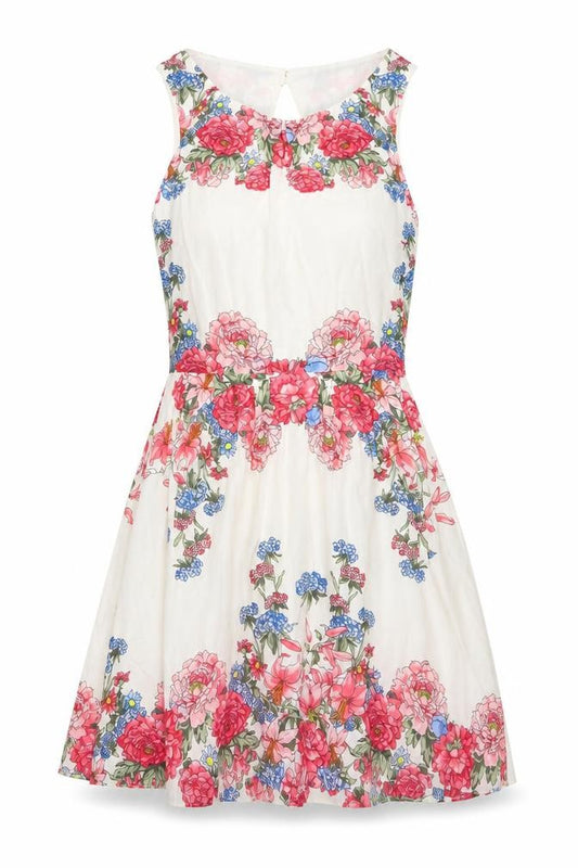 Front view of Oasis Women Ivory Floral Cotton Fit & Flare Knee Length Dress UK 8
