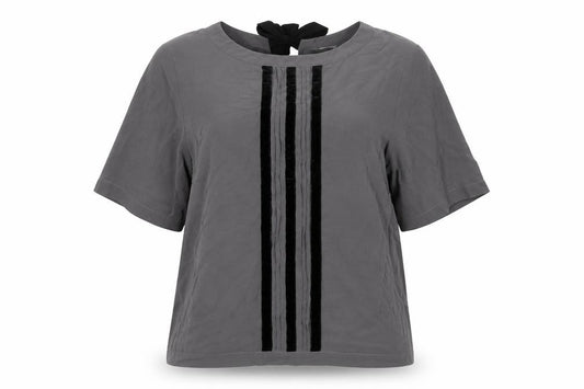 Per Una Women Grey UK 16 Pleated Velvet Trim Tie Back Blouse