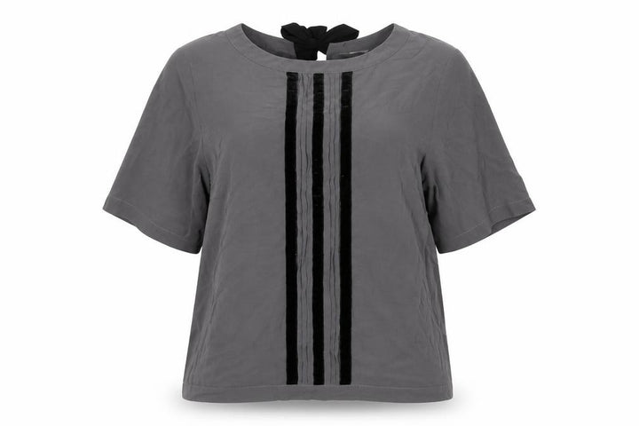 Per Una Women Grey UK 16 Pleated Velvet Trim Tie Back Blouse