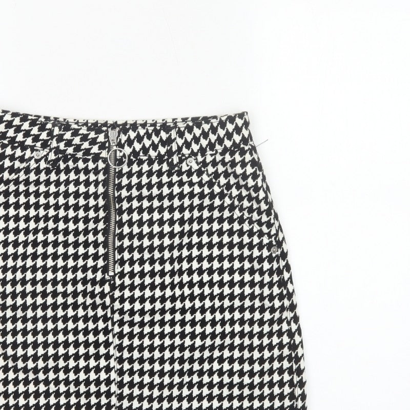 Topshop Women Black White UK 8 A-Line Mini Houndstooth Zip Skirt