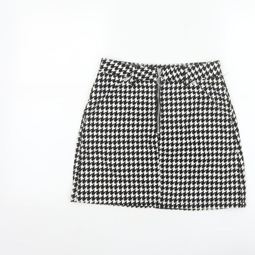 Topshop Women Black White UK 8 A-Line Mini Houndstooth Zip Skirt