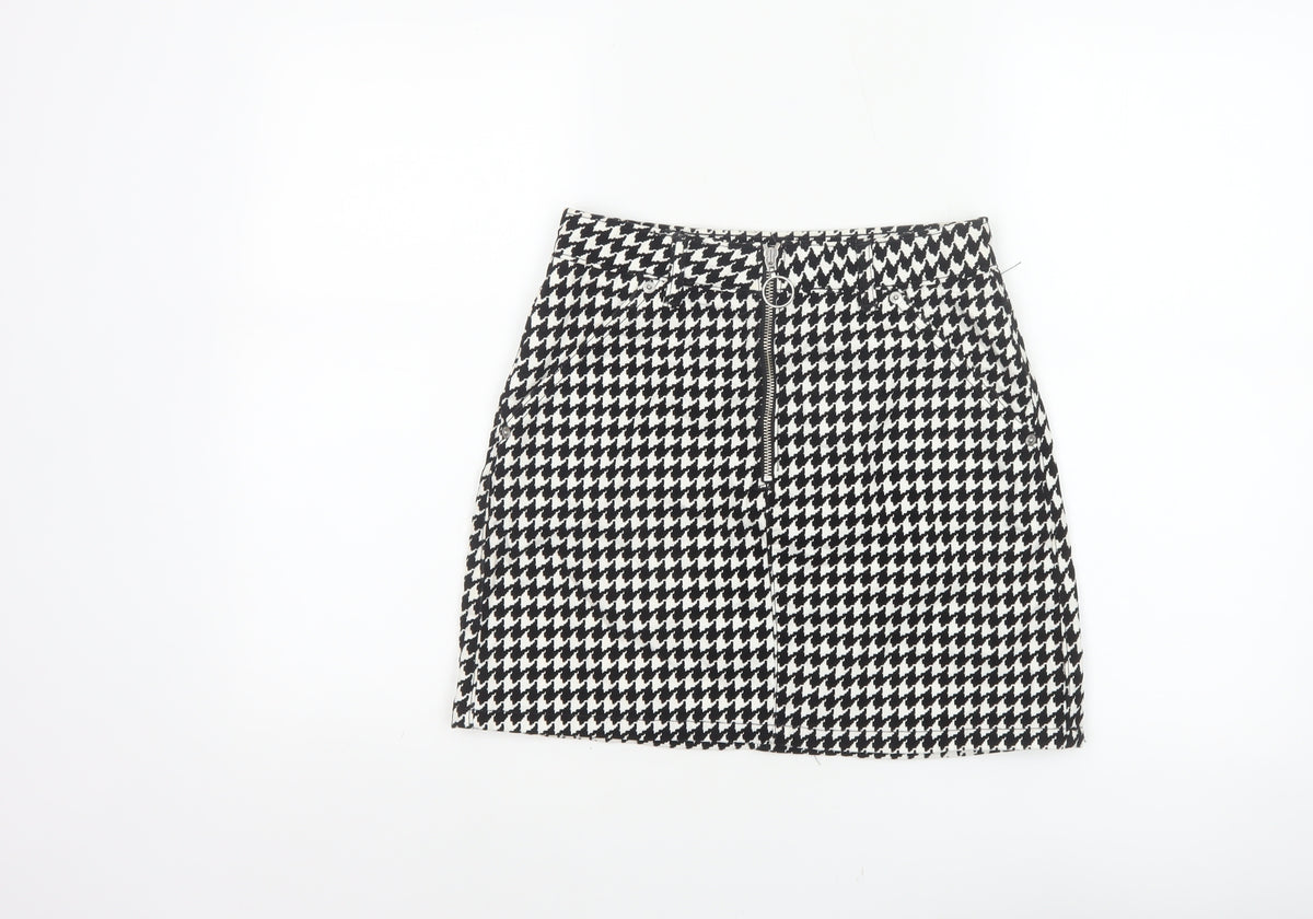 Topshop Women Black White UK 8 A-Line Mini Houndstooth Zip Skirt