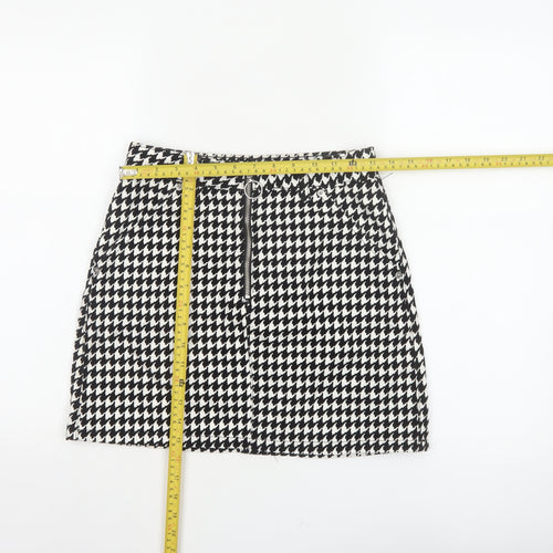 Topshop Women Black White UK 8 A-Line Mini Houndstooth Zip Skirt
