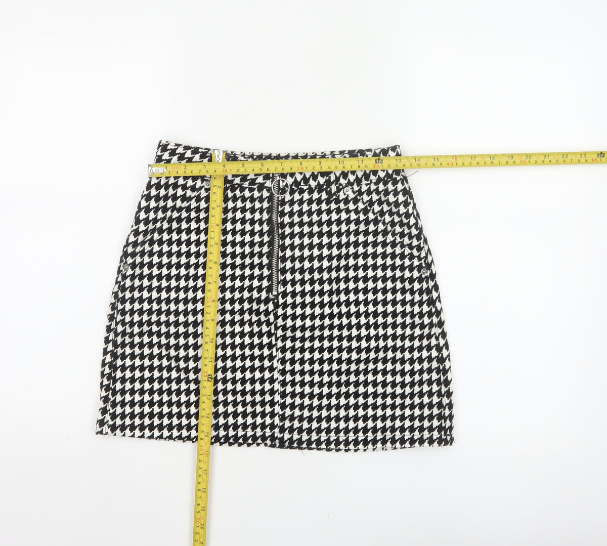 Topshop Women Black White UK 8 A-Line Mini Houndstooth Zip Skirt
