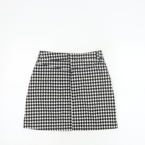 Topshop Women Black White UK 8 A-Line Mini Houndstooth Zip Skirt