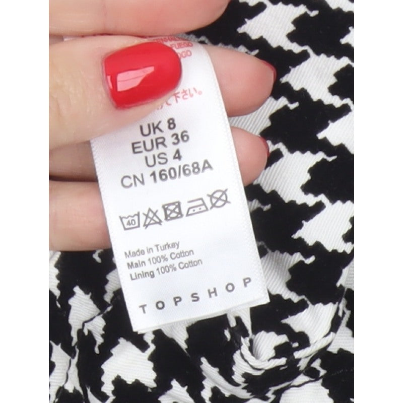 Topshop Women Black White UK 8 A-Line Mini Houndstooth Zip Skirt