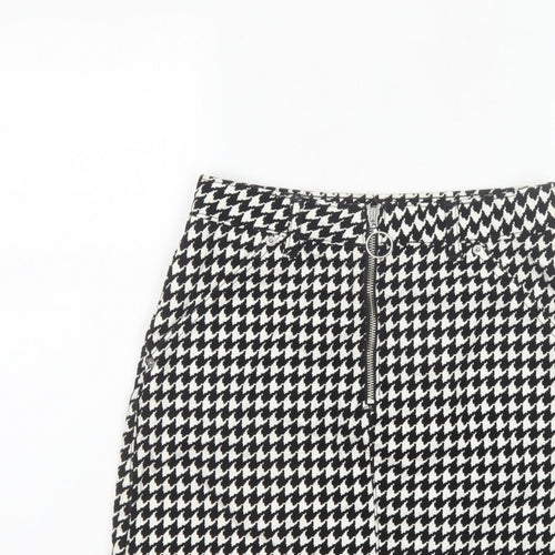 Topshop Women Black White UK 8 A-Line Mini Houndstooth Zip Skirt