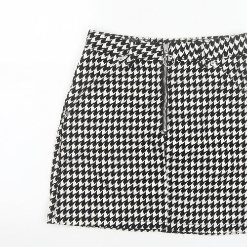 Topshop Women Black White UK 8 A-Line Mini Houndstooth Zip Skirt