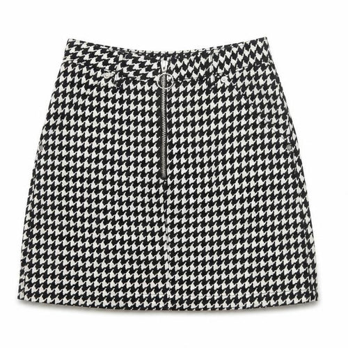 Topshop Women Black White UK 8 A-Line Mini Houndstooth Zip Skirt