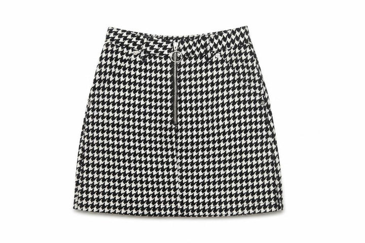 Topshop Women Black White UK 8 A-Line Mini Houndstooth Zip Skirt
