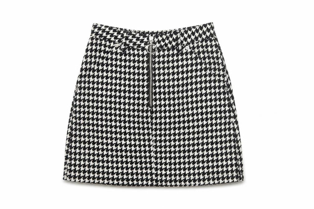 Topshop Women Black White UK 8 A-Line Mini Houndstooth Zip Skirt