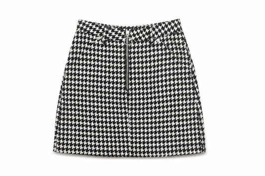 Topshop Women Black White UK 8 A-Line Mini Houndstooth Zip Skirt