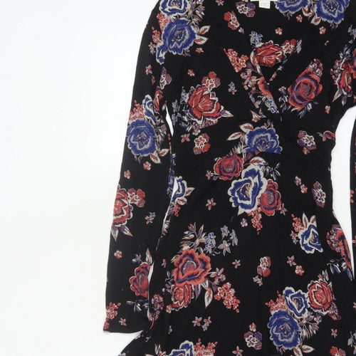Monsoon Women Black Floral UK 10 Midi Fit & Flare Wrap Dress