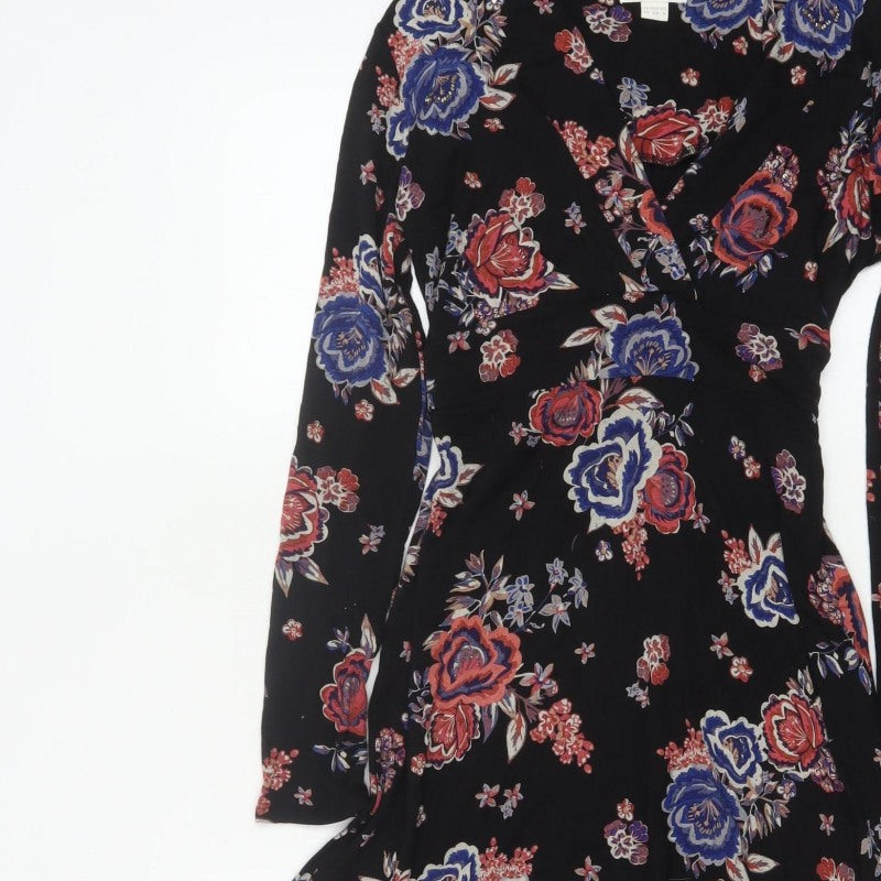 Monsoon Women Black Floral UK 10 Midi Fit & Flare Wrap Dress