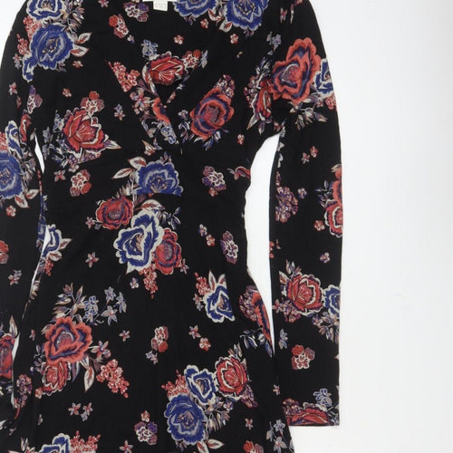 Monsoon Women Black Floral UK 10 Midi Fit & Flare Wrap Dress