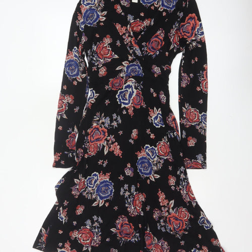 Monsoon Women Black Floral UK 10 Midi Fit & Flare Wrap Dress