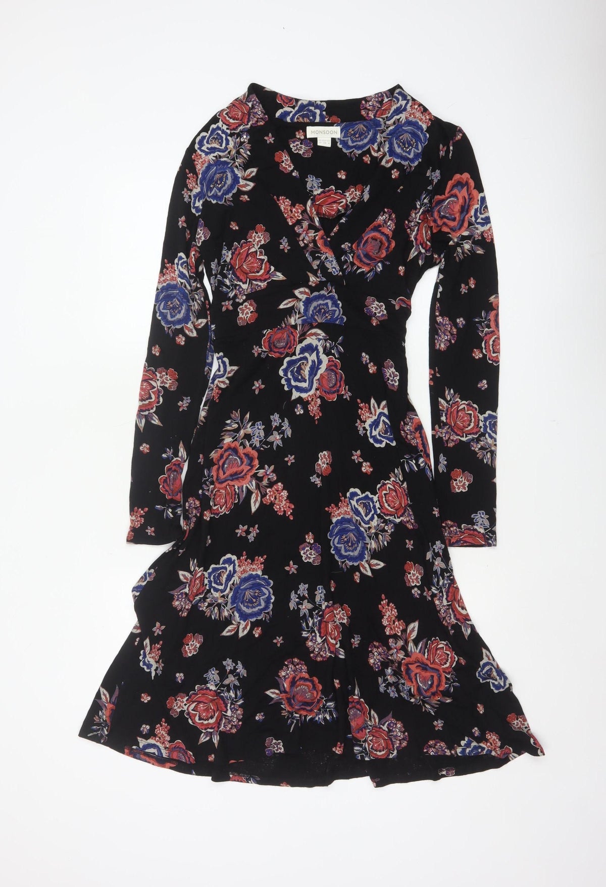 Monsoon Women Black Floral UK 10 Midi Fit & Flare Wrap Dress