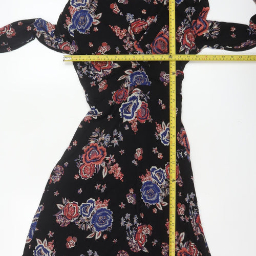 Monsoon Women Black Floral UK 10 Midi Fit & Flare Wrap Dress