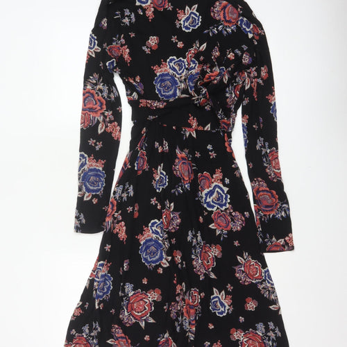 Monsoon Women Black Floral UK 10 Midi Fit & Flare Wrap Dress